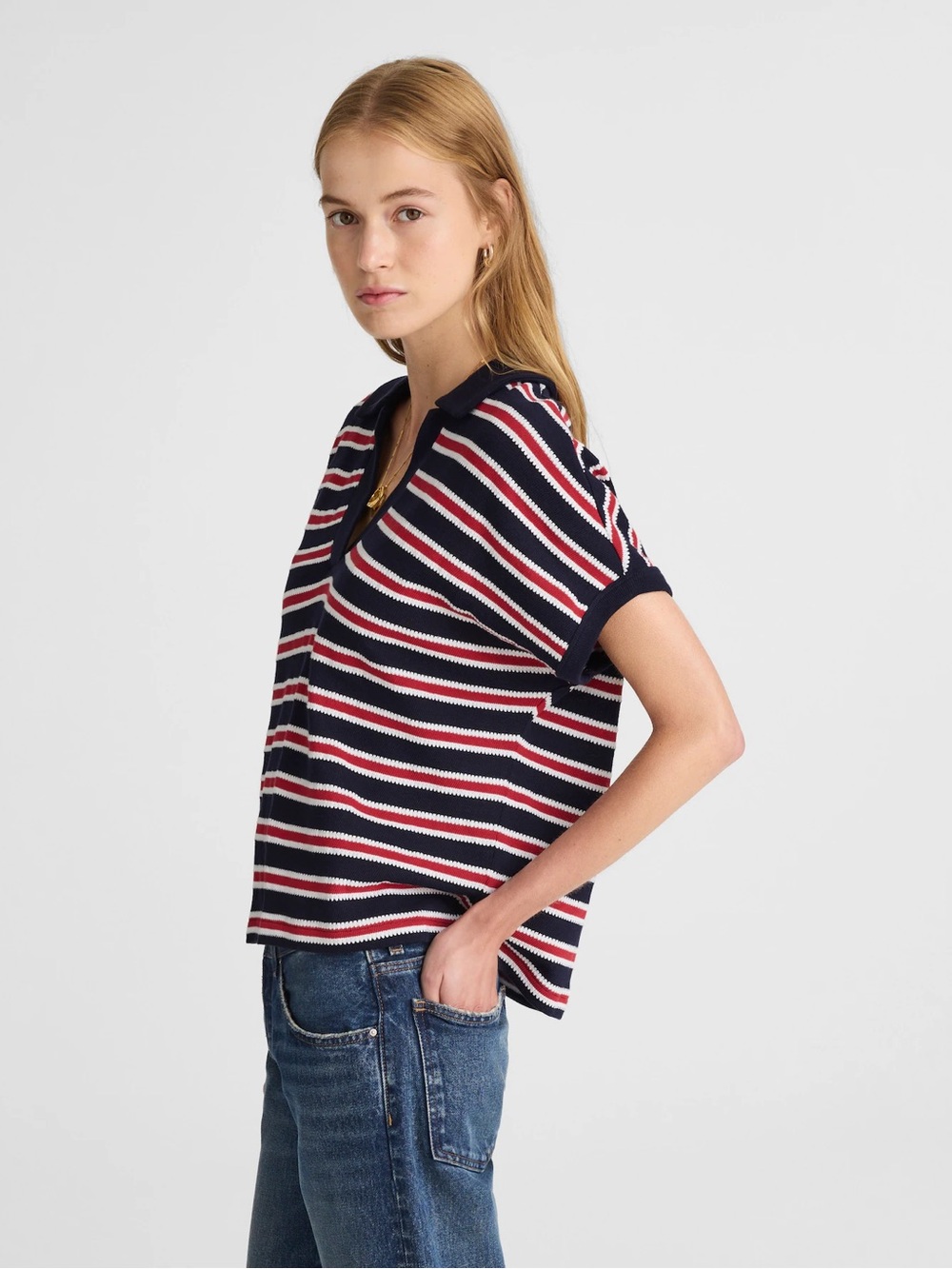 Madewell Relaxed V-Neck Polo Shirt in Stripe Size M - Picture 4 of 12